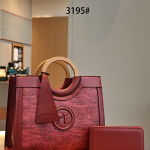 PEDRA Luxury Woven-Texture Tote – 3-Piece Set with Circular Wooden Handles