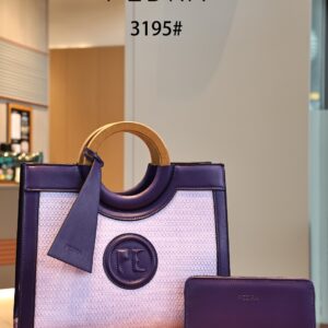 PEDRA Luxury Woven-Texture Tote – 3-Piece Set with Circular Wooden Handles