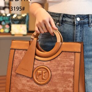 PEDRA Luxury Woven-Texture Tote – 3-Piece Set with Circular Wooden Handles