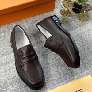 Louis Vuitton Men’s Black Leather Loafers – Classic LV Strap Design