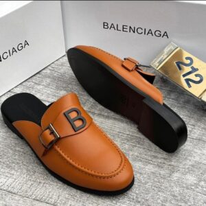 Balenciaga Men’s Leather Mule Loafers – B Logo Slip-On (Black & Brown)