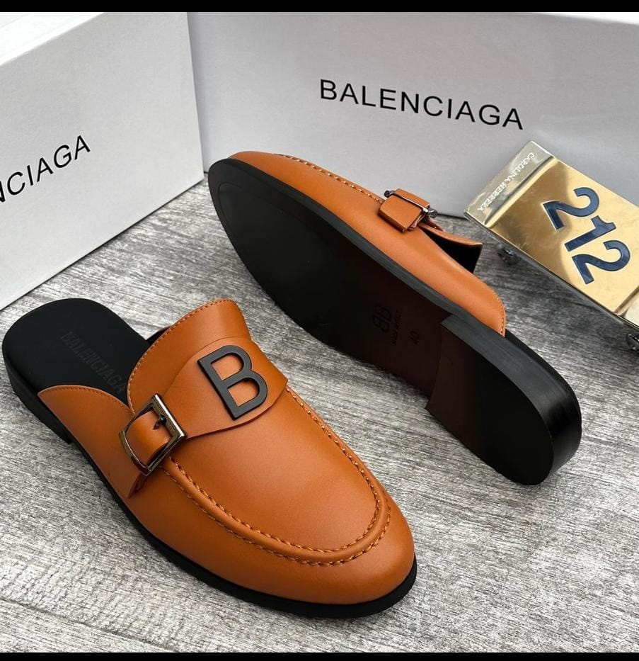 Balenciaga Men’s Leather Mule Loafers – B Logo Slip-On (Black & Brown) - Image 2