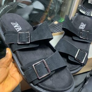 Zara Men's Double Buckle Suede Slides – All-Black Urban Sandal