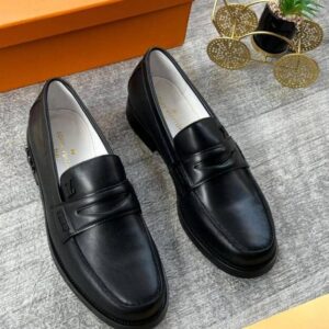 Louis Vuitton Men’s Black Leather Loafers – Classic LV Strap Design