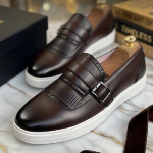 Brown & Black Leather Monk-Strap Brogue Slip-On Sneaker