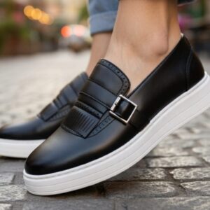 Brown & Black Leather Monk-Strap Brogue Slip-On Sneaker