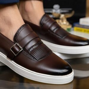 Brown & Black Leather Monk-Strap Brogue Slip-On Sneaker